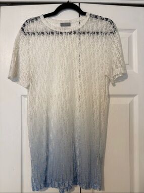 Dior White to Blue Ombre Logo Lace Short Sleeve Tee